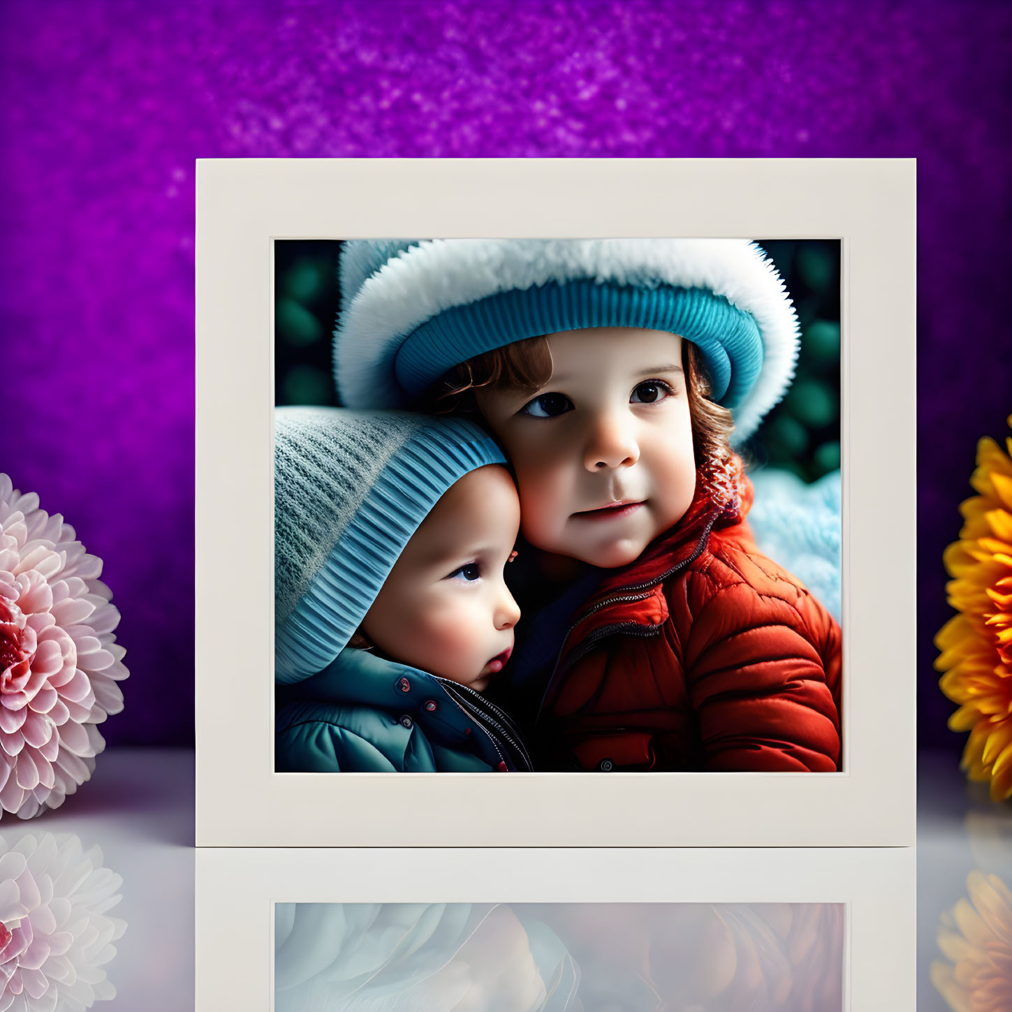 Children in hats and jackets with colorful flowers in blurred background.