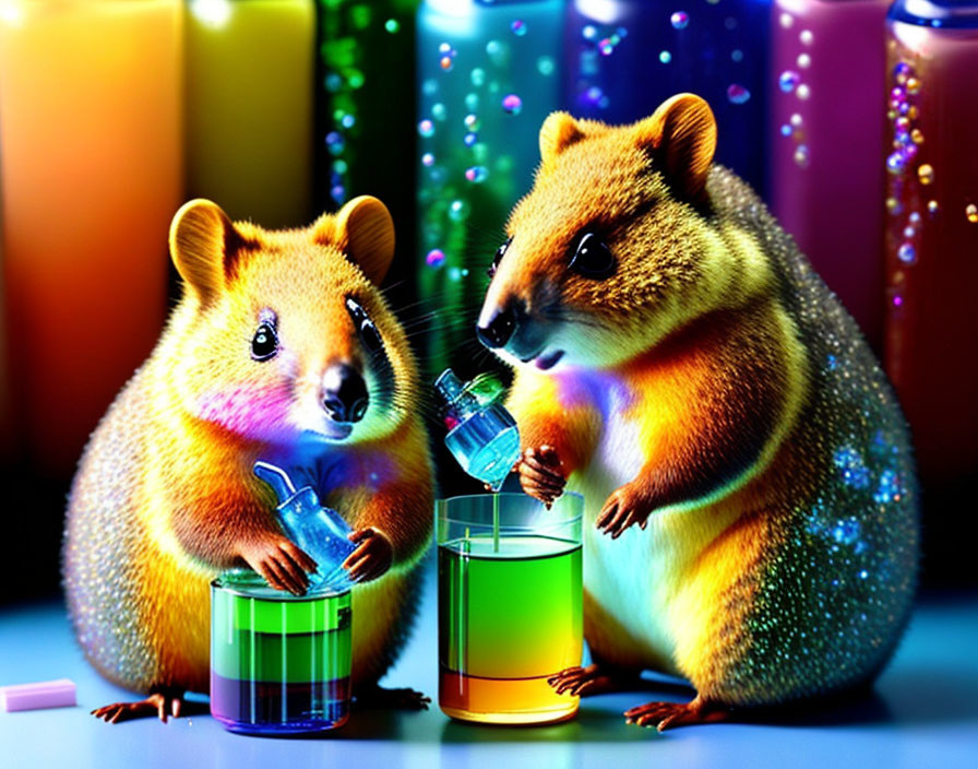 Colorful Cartoon Hamsters Conducting Science Experiment on Sparkly Background