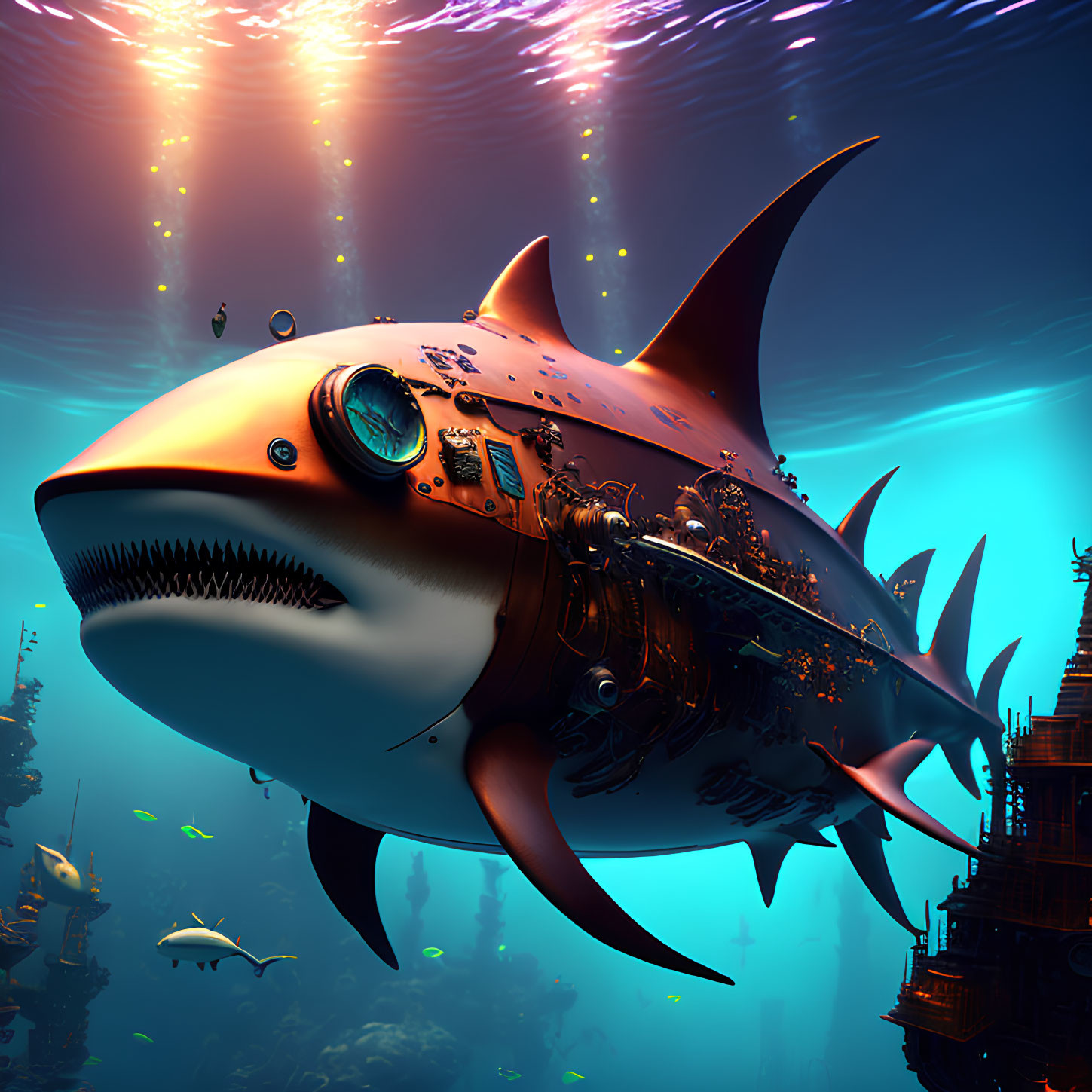 Detailed Mechanical Shark Swimming in Glowing Underwater Landscape