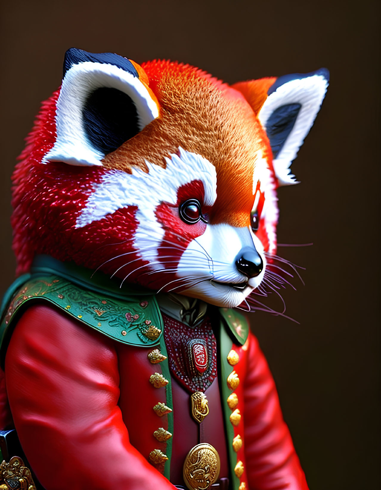 Colorful Red Panda Character in Military-Style Uniform