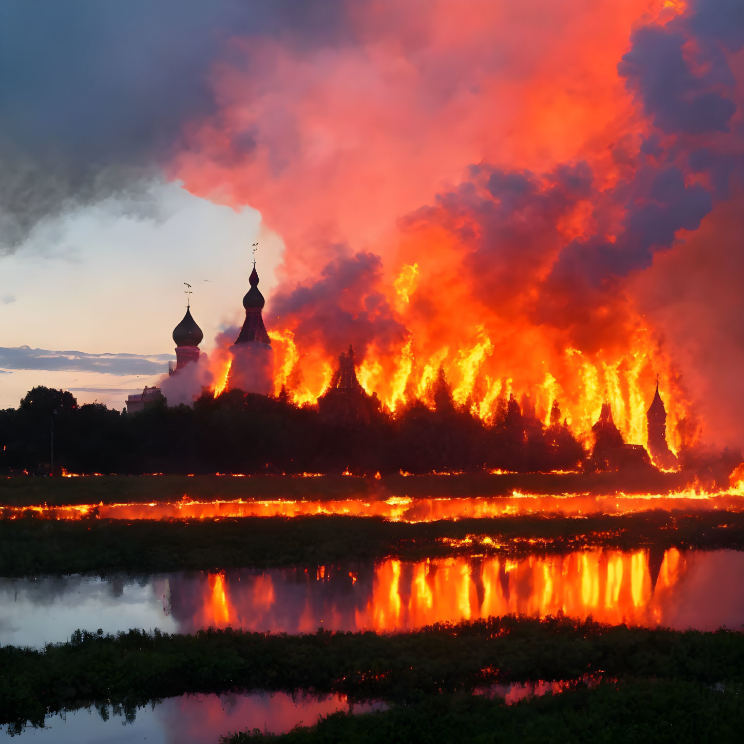 Massive fire near church with onion domes in sunset reflection.