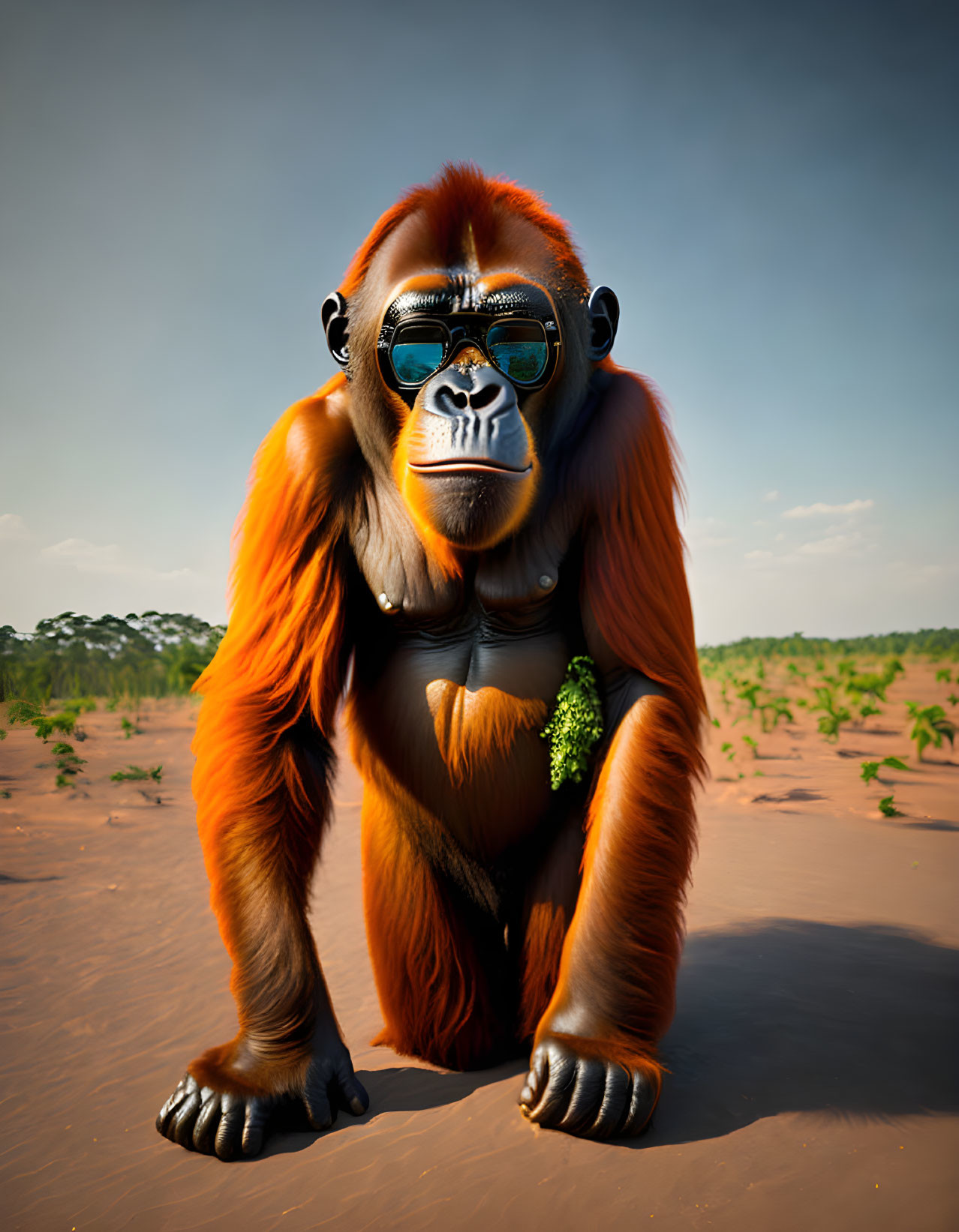 Orangutan in sunglasses and brooch on sandy terrain under blue sky