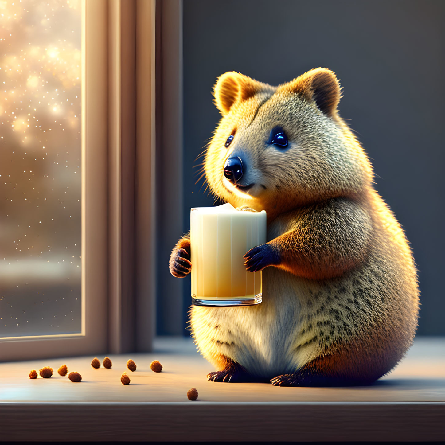 Animated quokka with glass of milk at twilight window sill