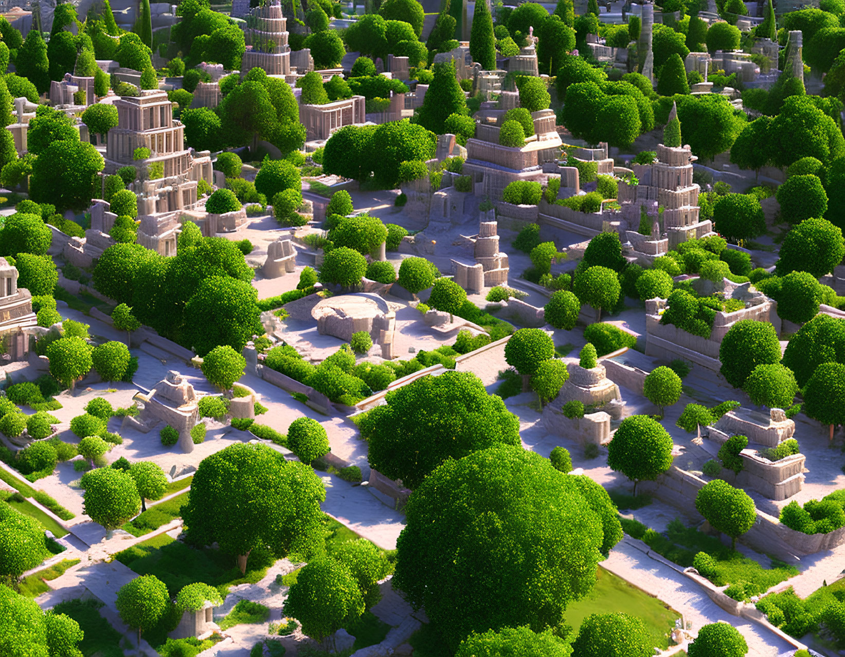 Verdant landscape with green trees and stone buildings under sunlight