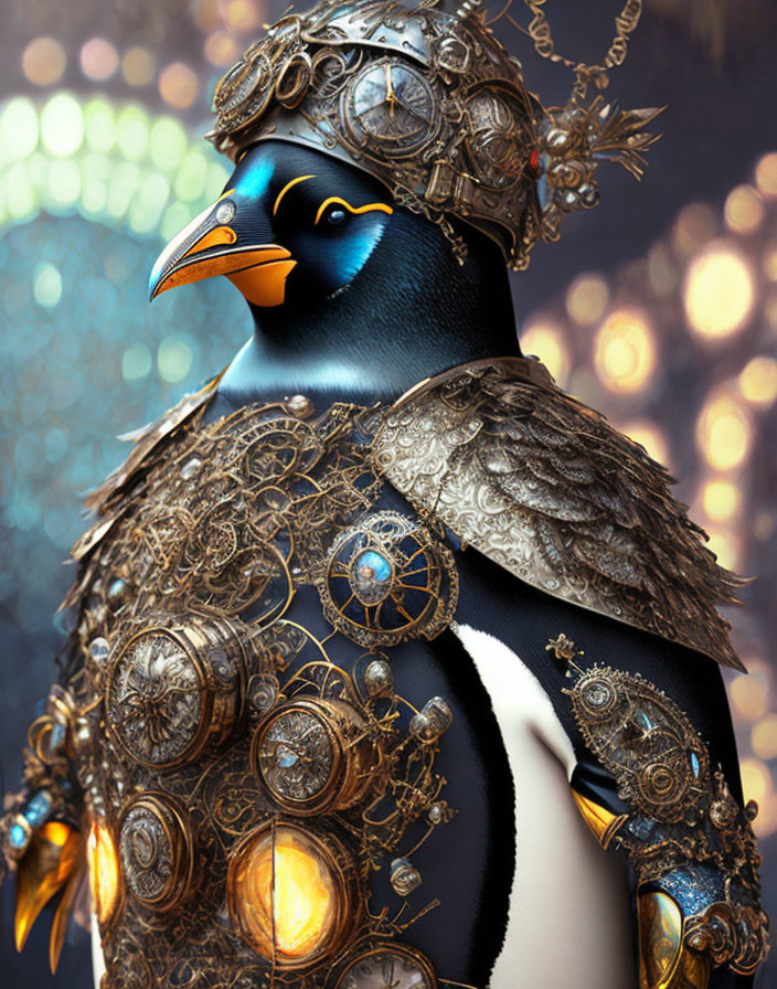 Steampunk-style armored penguin in ornate gear against warm background