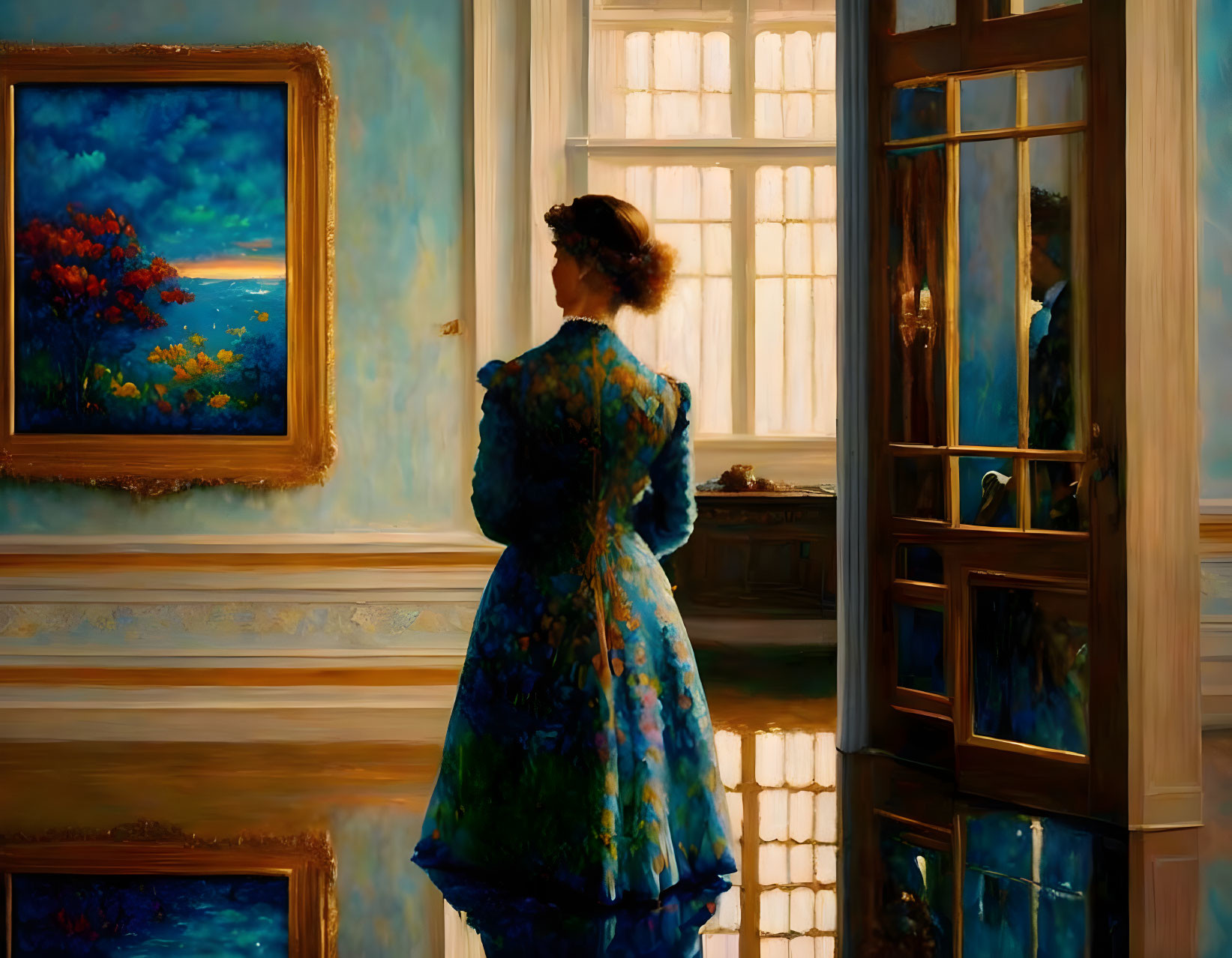 Woman in Floral Dress Admiring Paintings in Sunlit Room