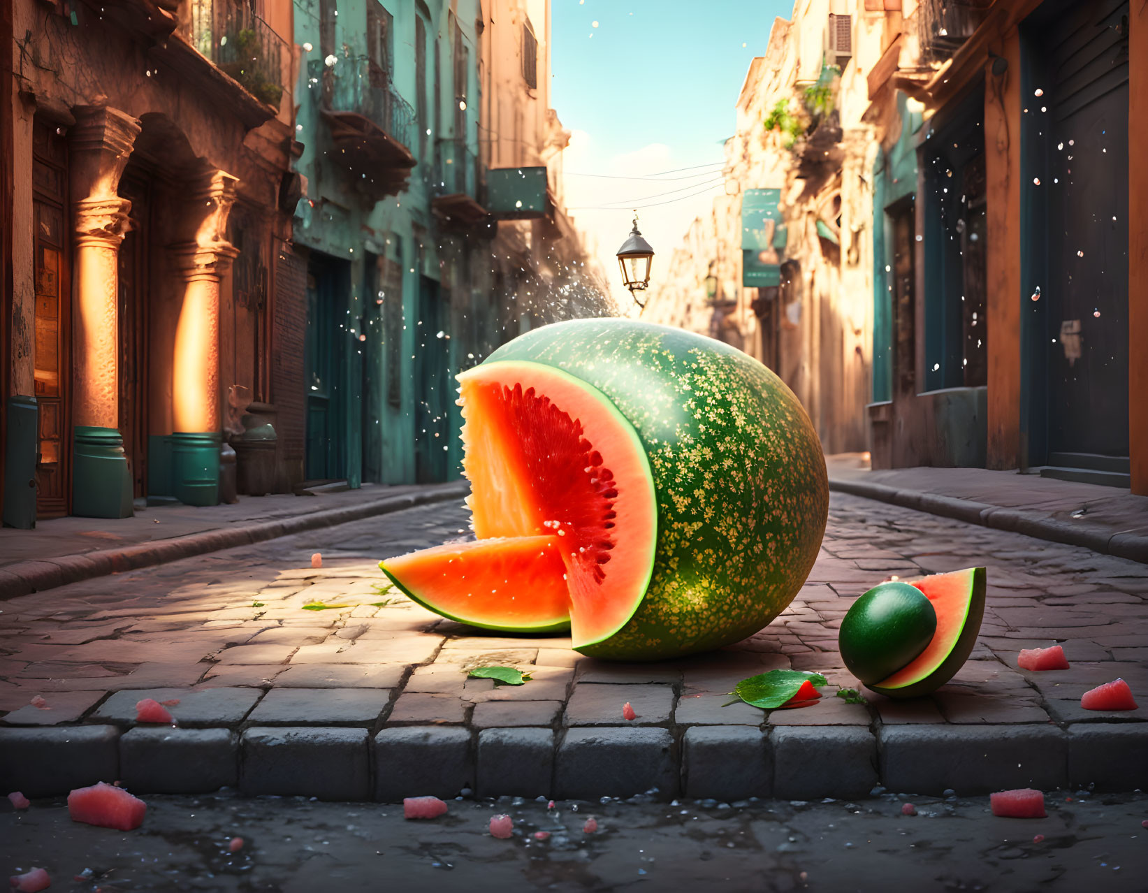 Fresh Watermelon Slice on Cobblestone Street in Sunlit Old Town