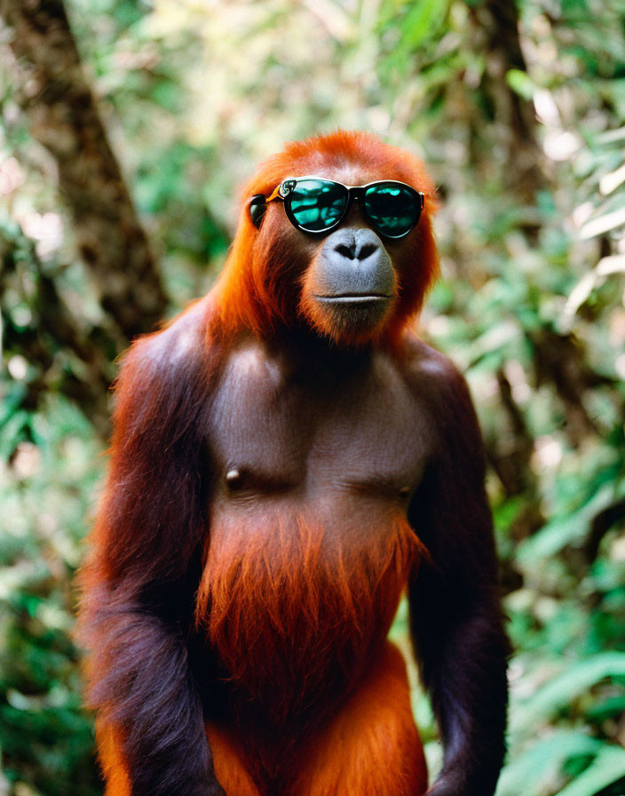 Red Orangutan in Cool Sunglasses Surrounded by Green Foliage