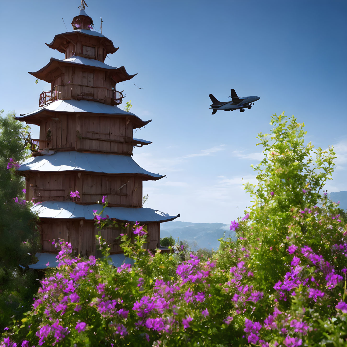 Traditional wooden pagoda with pink flowers and airplane in blue sky