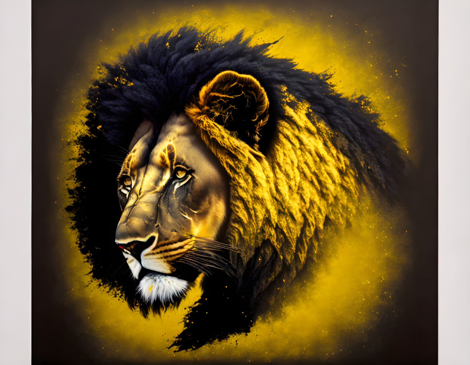 Majestic lion digital artwork with black and golden mane on gold-splashed background