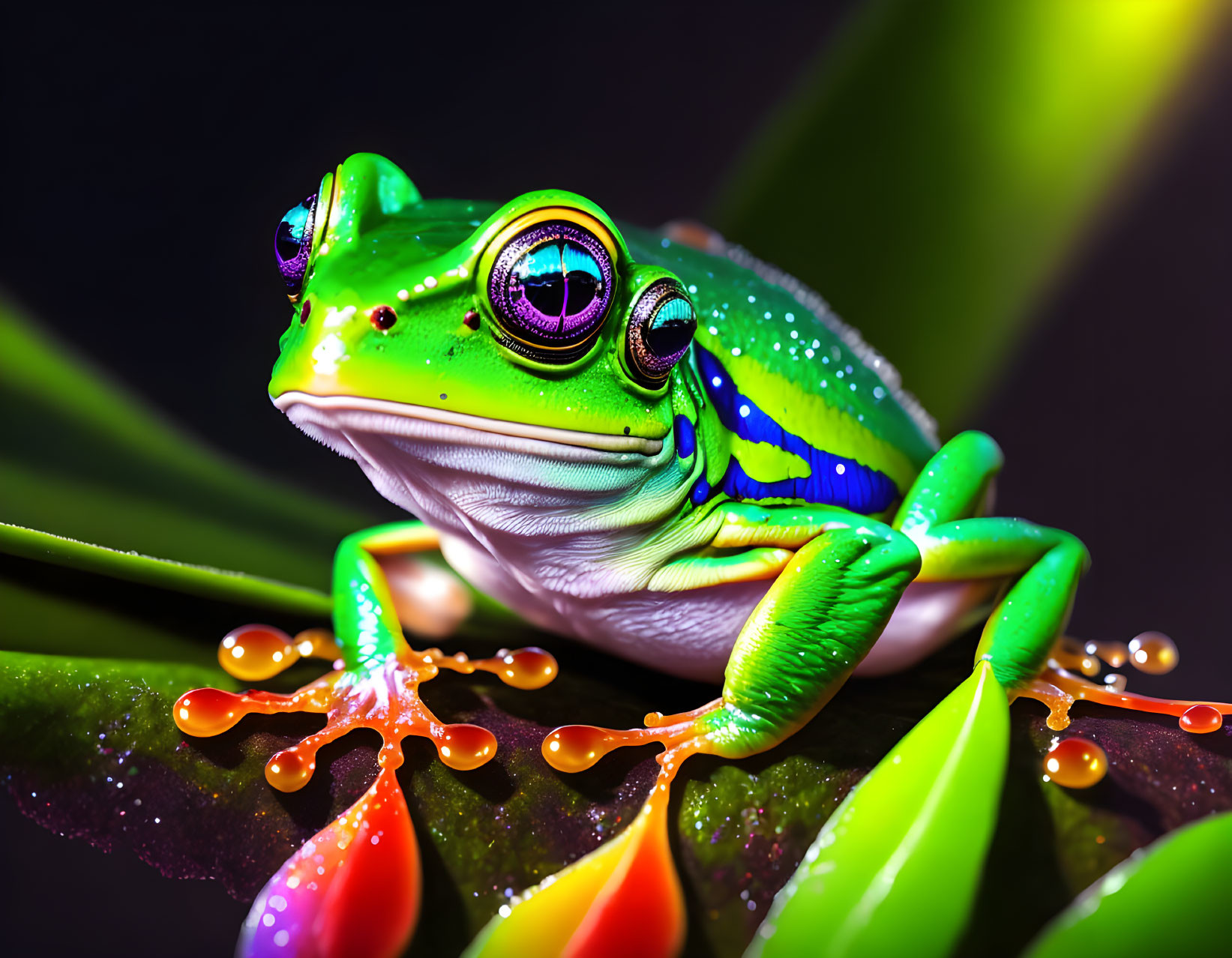 Colorful Frog Sitting on Leaf with Dew Drops in Sharp Detail