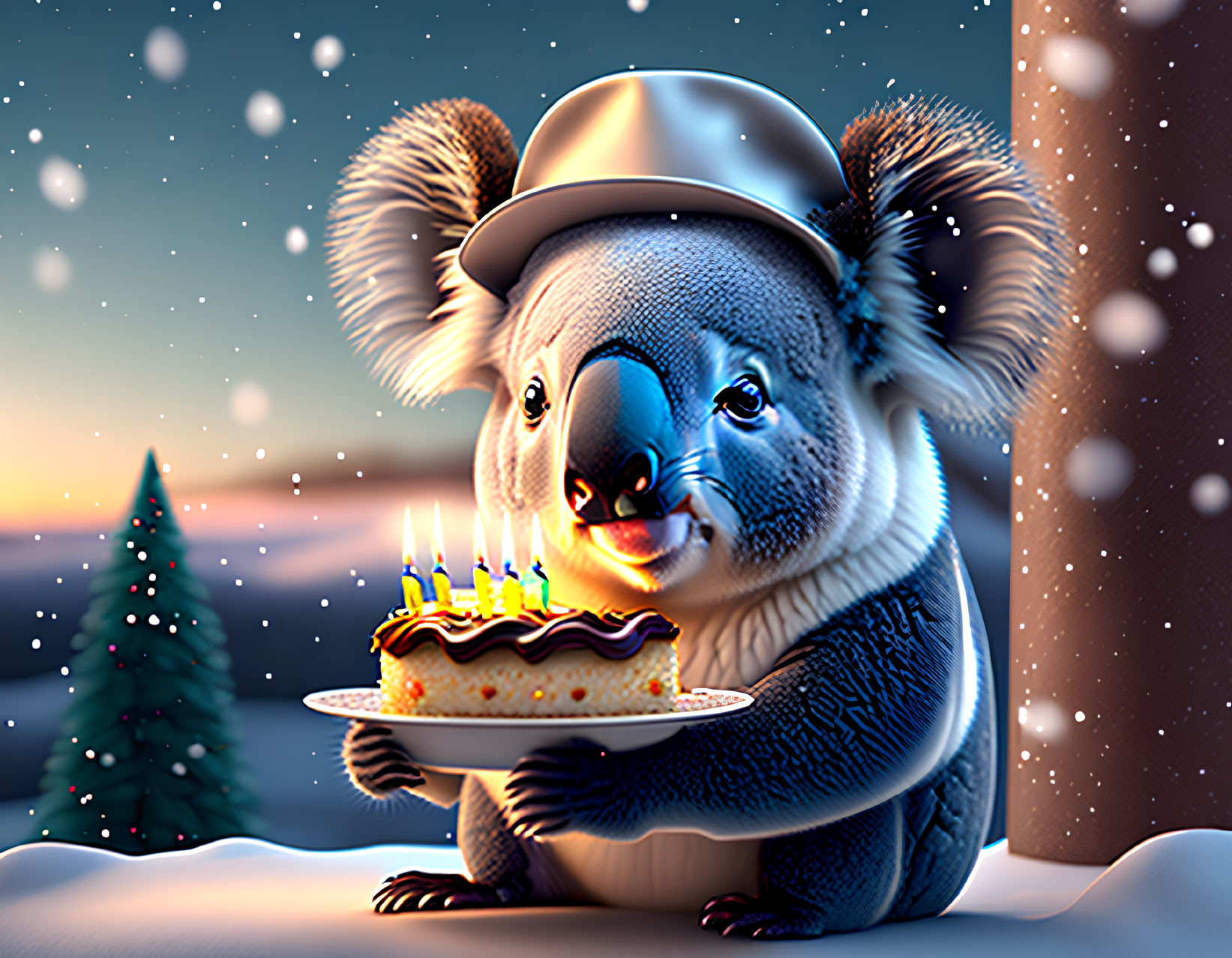 Stylized koala in bowler hat with birthday cake in snowy evening scene