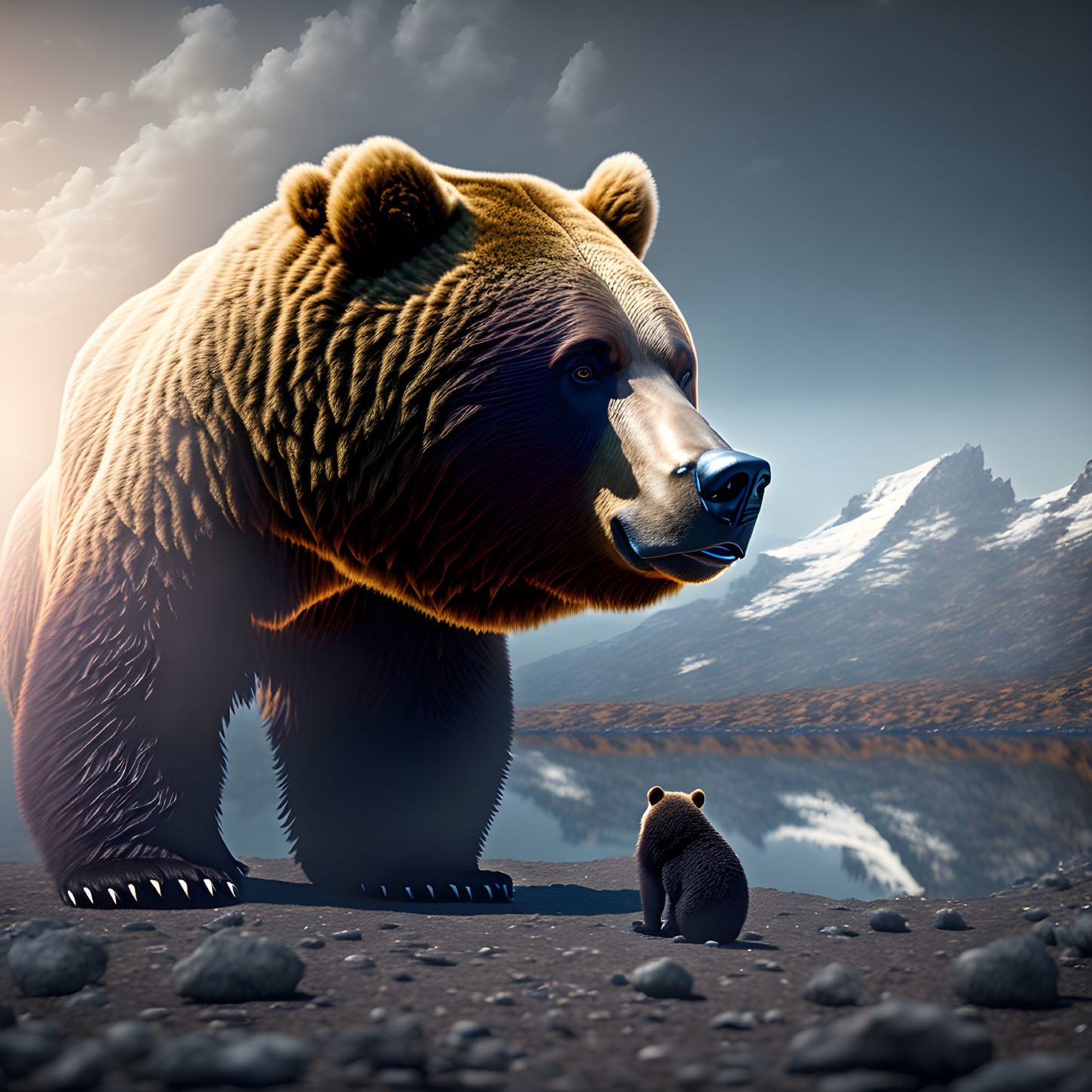 Prominent large and small bears in mountain landscape art.