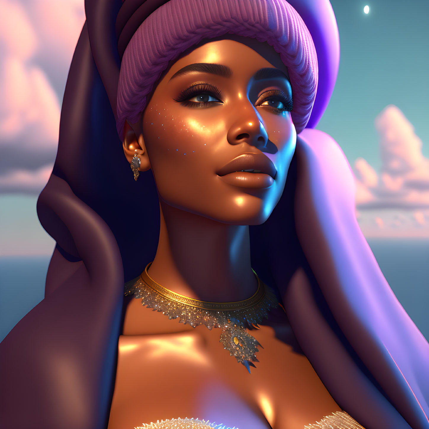 Woman in purple turban and golden jewelry gazes at sunset sky with clouds.