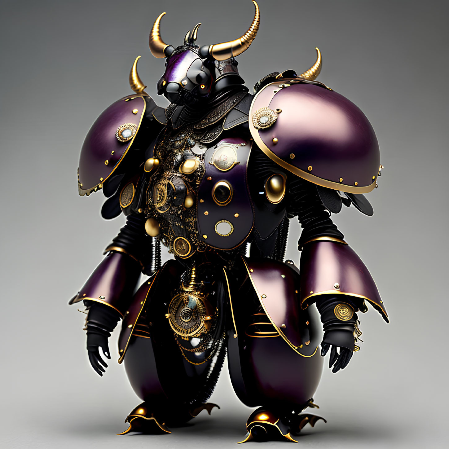 Stylized 3D rendering of ornate armor with purple and gold accents