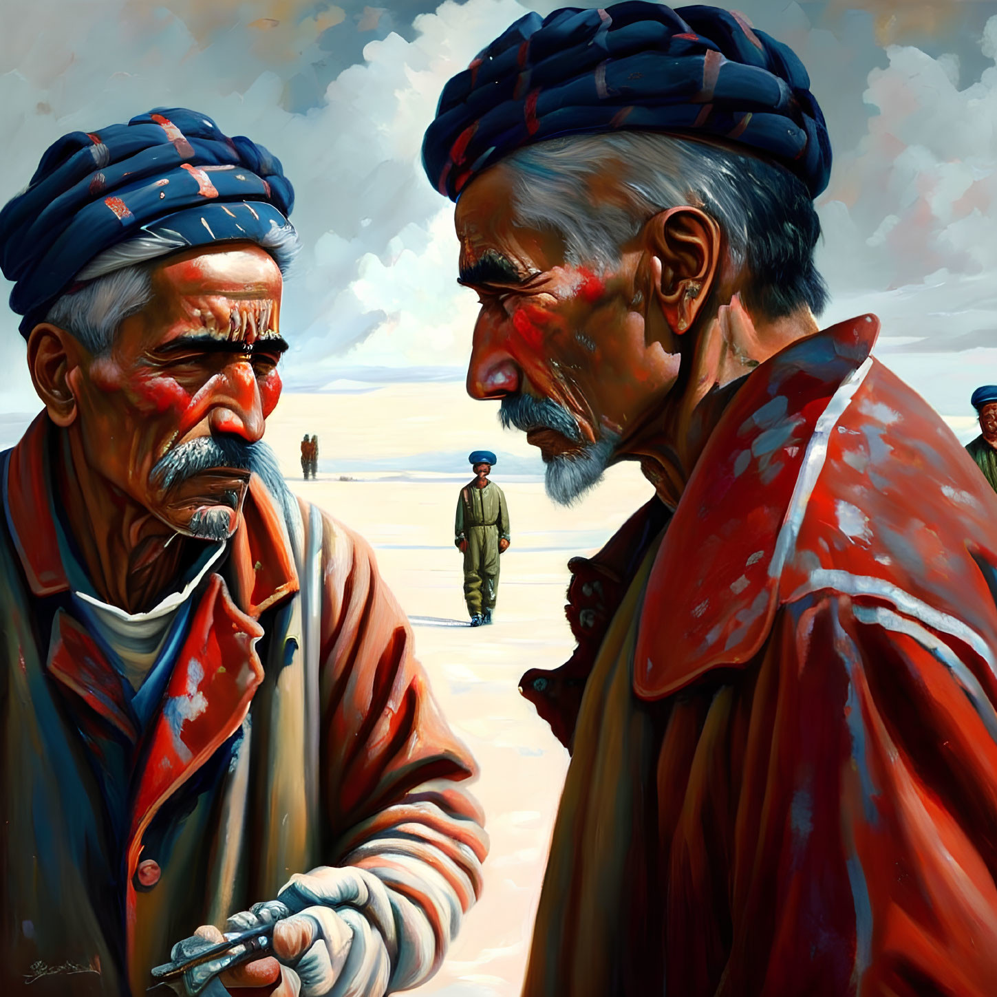 Elderly men with red noses and paintbrush, in striped headbands, with onlookers