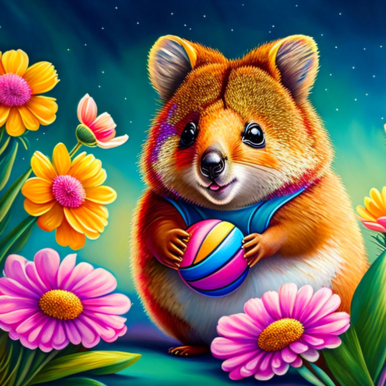 Colorful Quokka Holding Beach Ball Surrounded by Pink Flowers