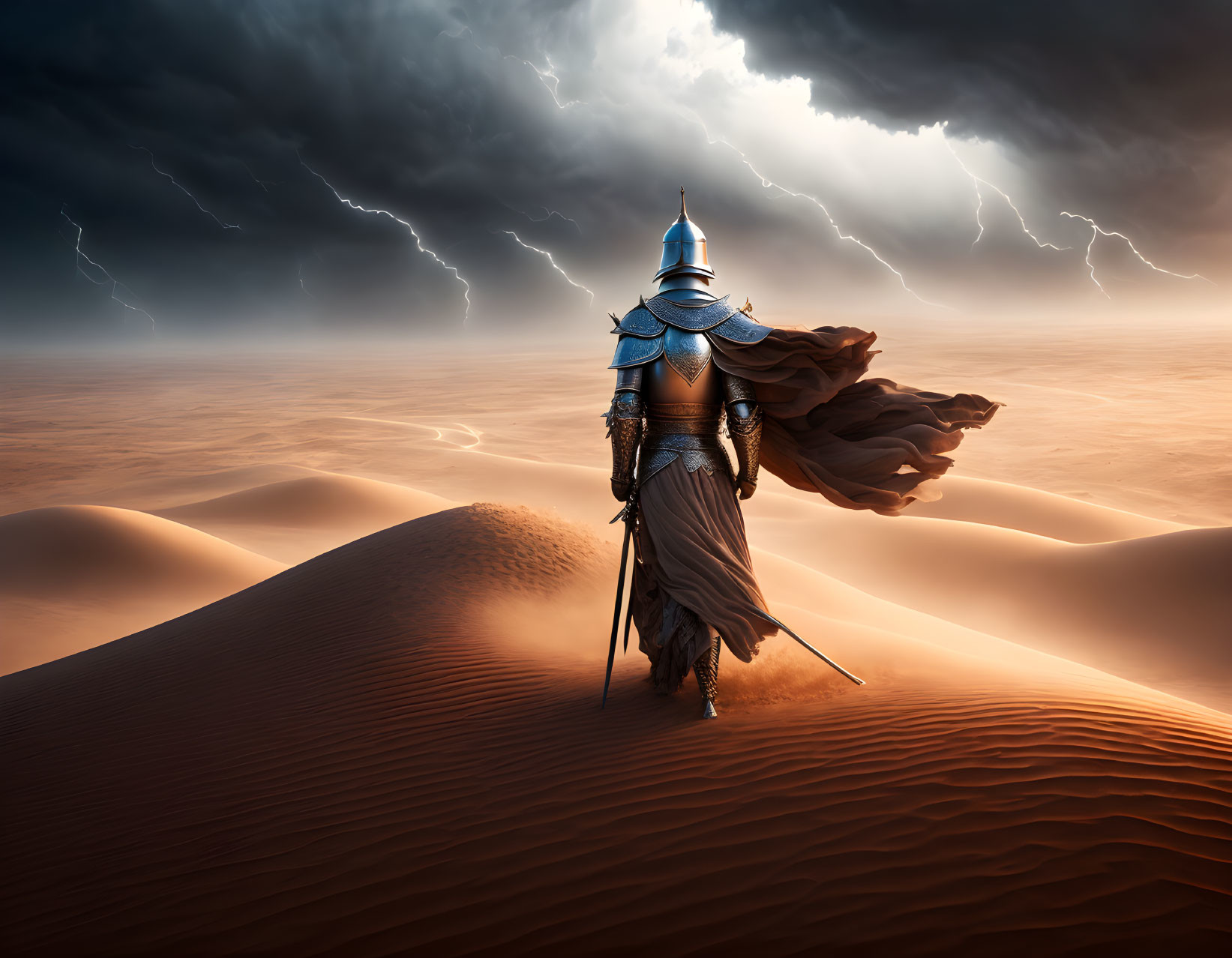 Knight in full armor on sand dune under stormy sky with lightning