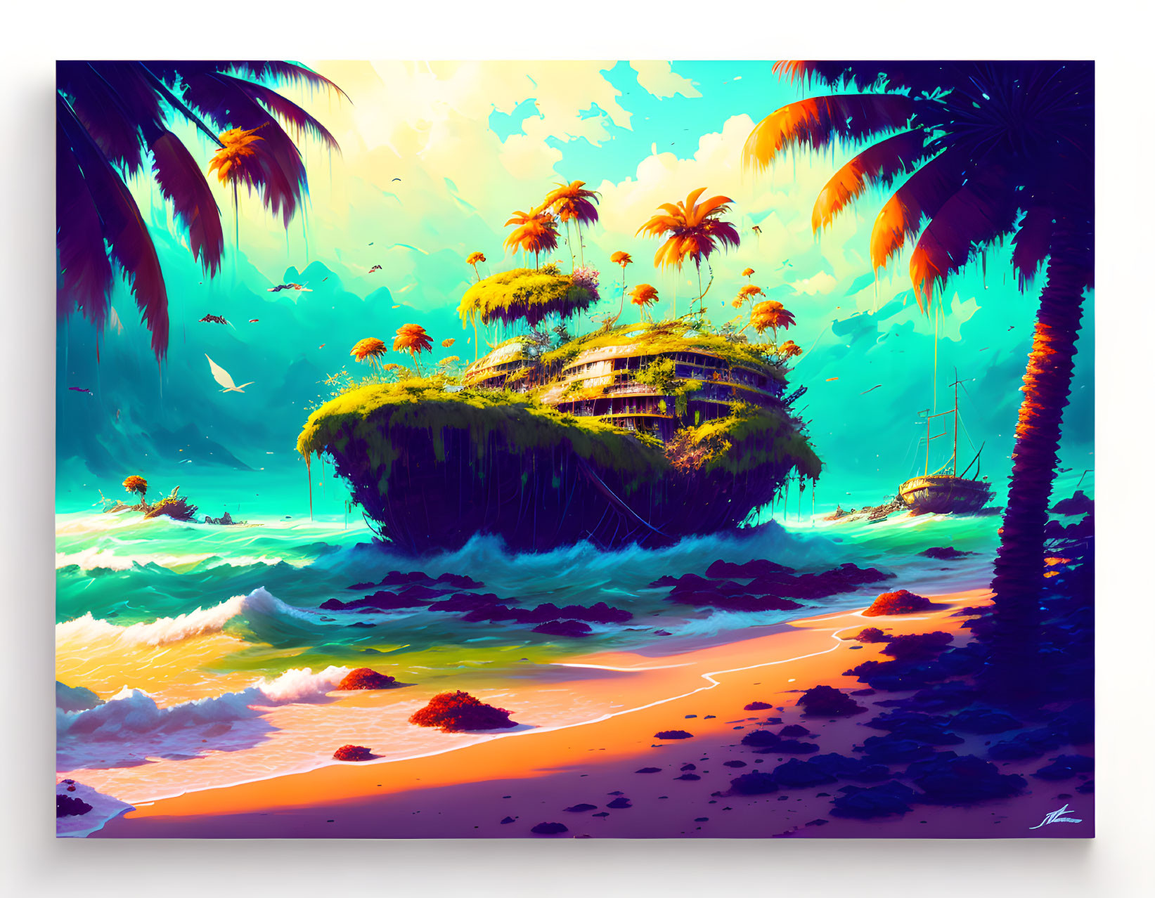 Vibrant surreal beach scene with floating island, palm trees, shipwreck, and teal sky