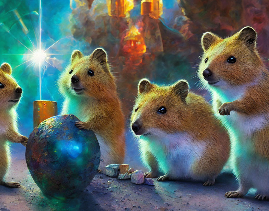 Four Animated Hamsters Gathered Around Glowing Crystal in Mystical Cave