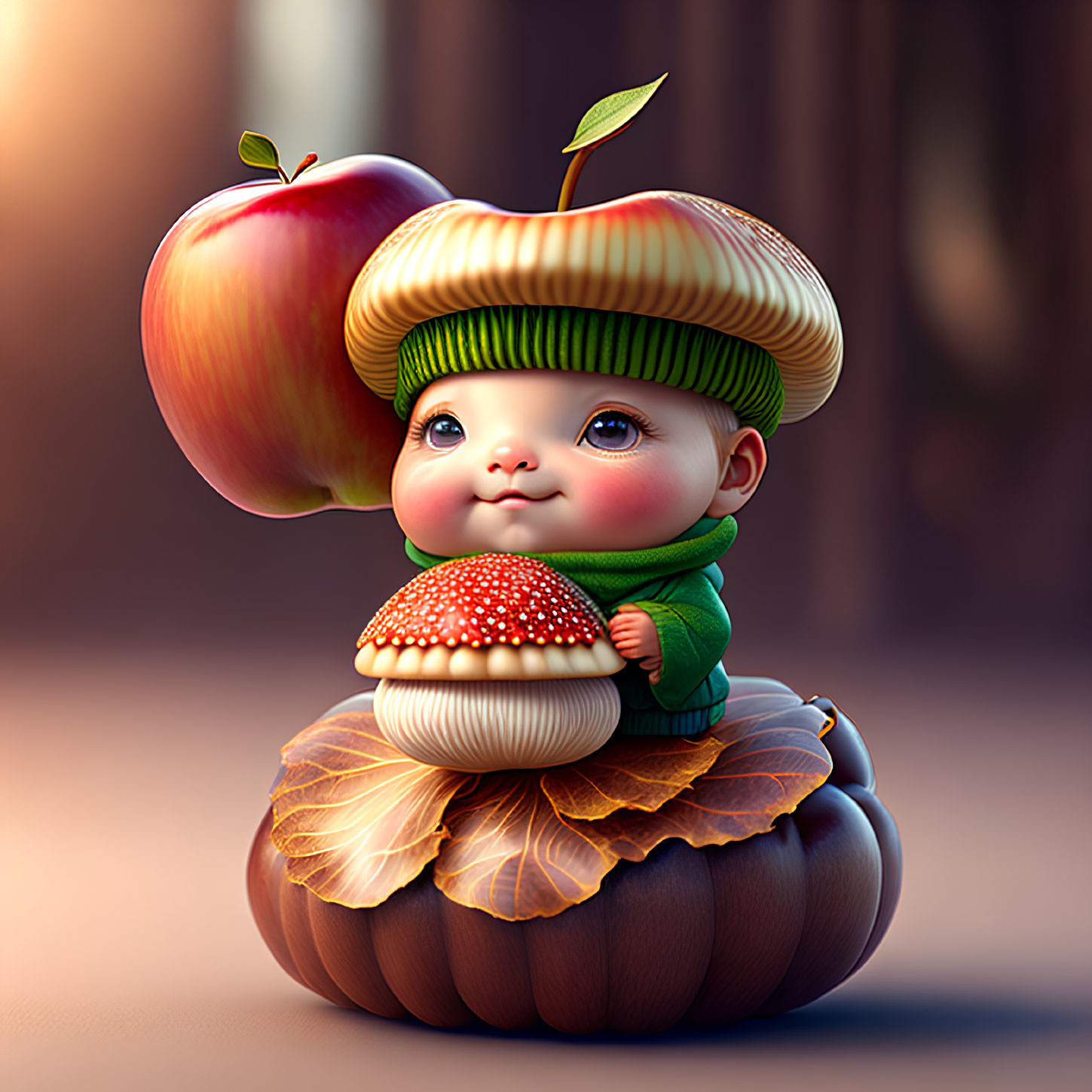 Chubby character with apple hat in autumnal setting