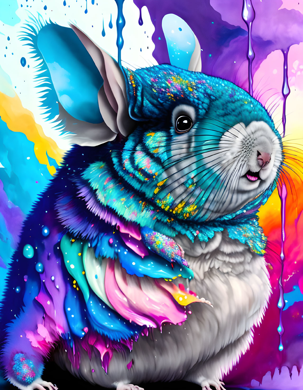 Colorful digital artwork featuring a chinchilla with vibrant paint drips.