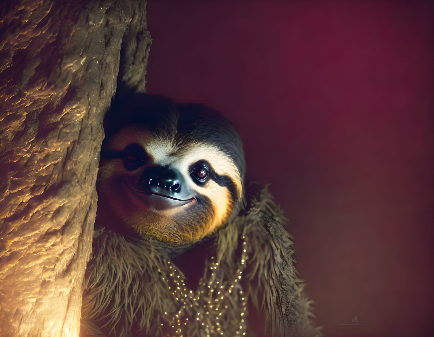 Gentle sloth peeking from behind tree trunk in warm glow