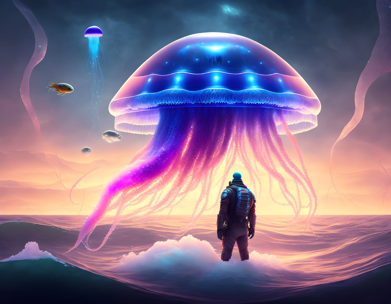 Person in spacesuit gazes at giant jellyfish in surreal ocean scene