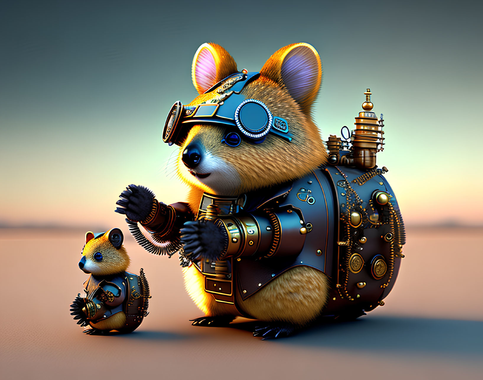 Steampunk-themed anthropomorphic mouse with goggles beside smaller mouse at sunset