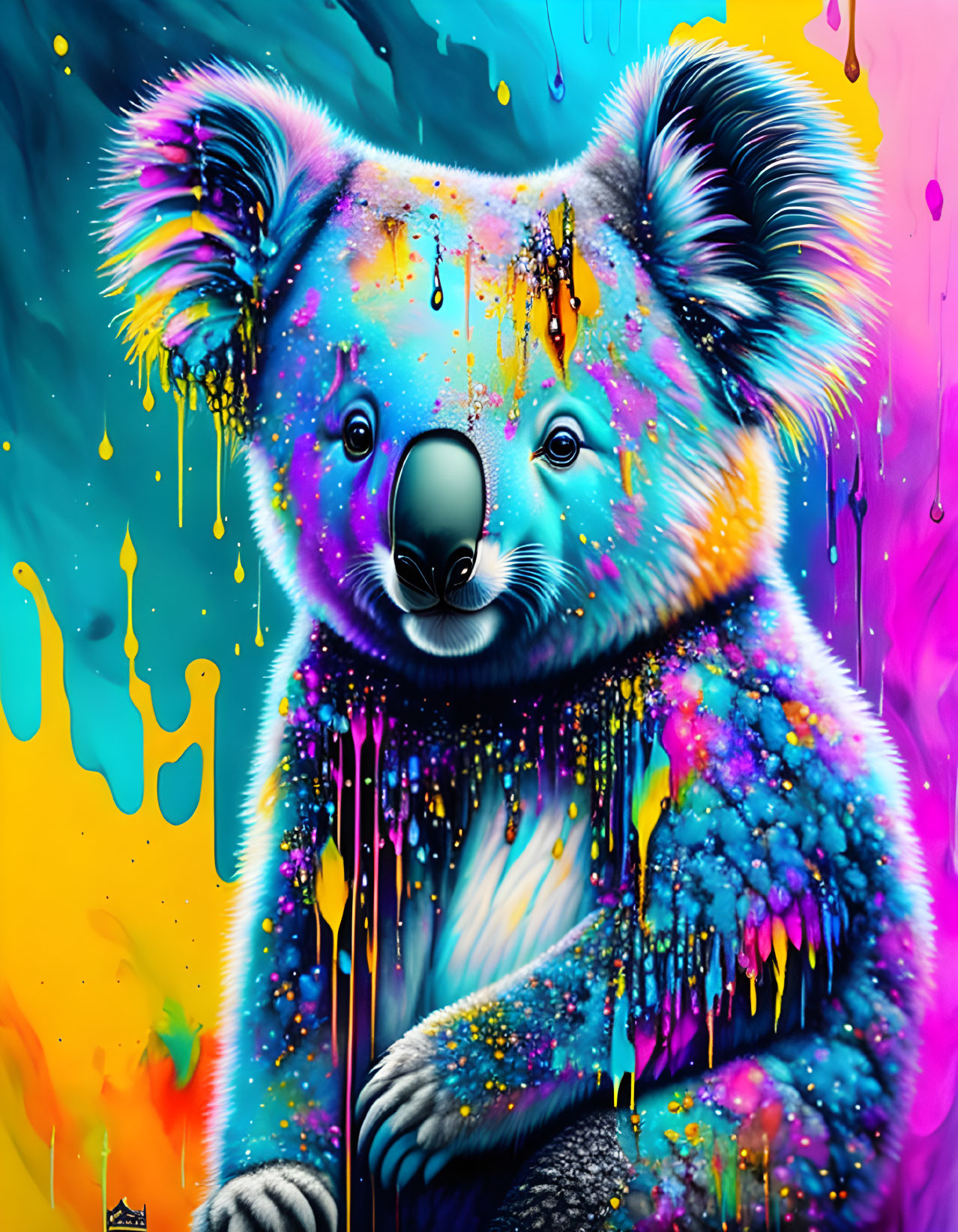 Colorful Koala Painting with Neon Dripping Paint on Swirling Background