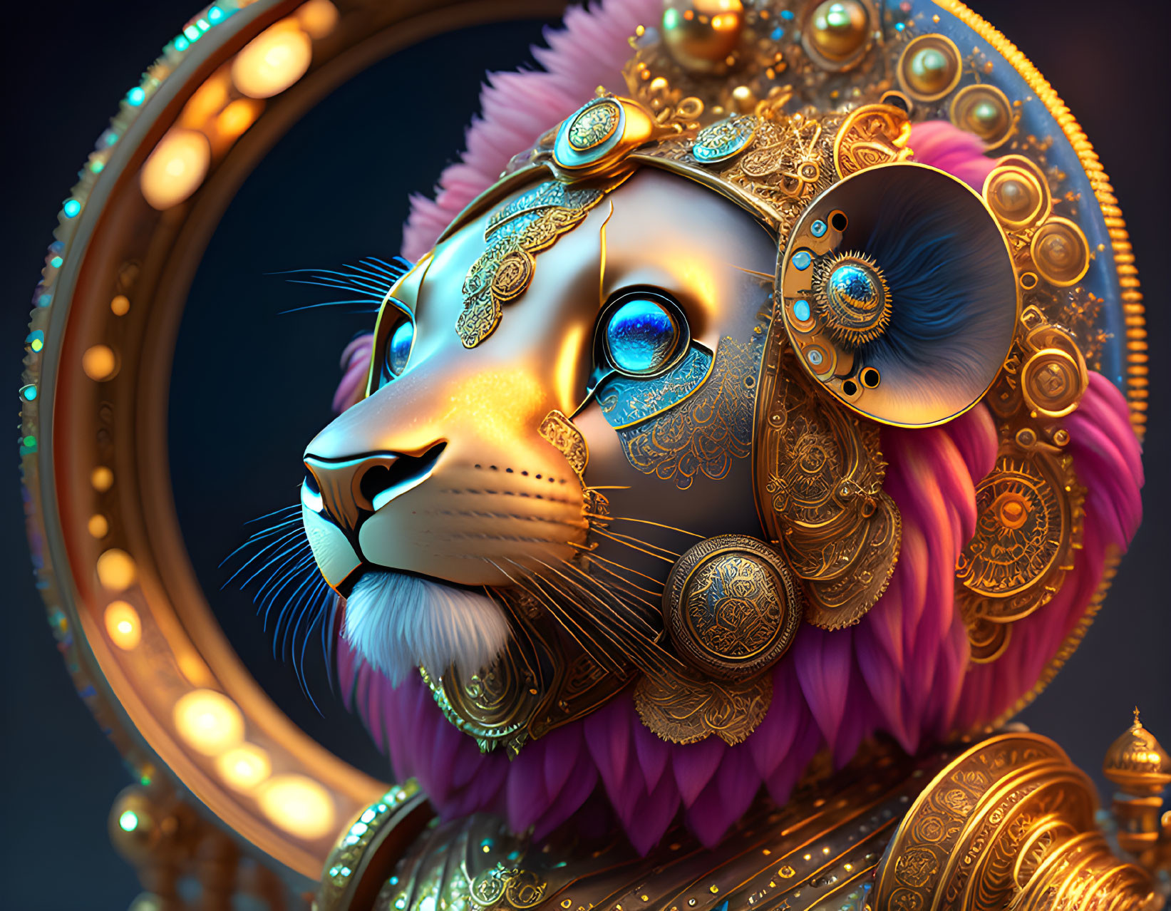 Steampunk-inspired lion digital artwork with golden mechanical details and blue gem eye