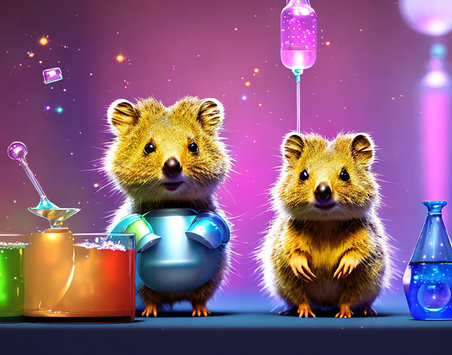 Colorful Cartoon Quokkas in Laboratory Setting with Beakers and IV Drip