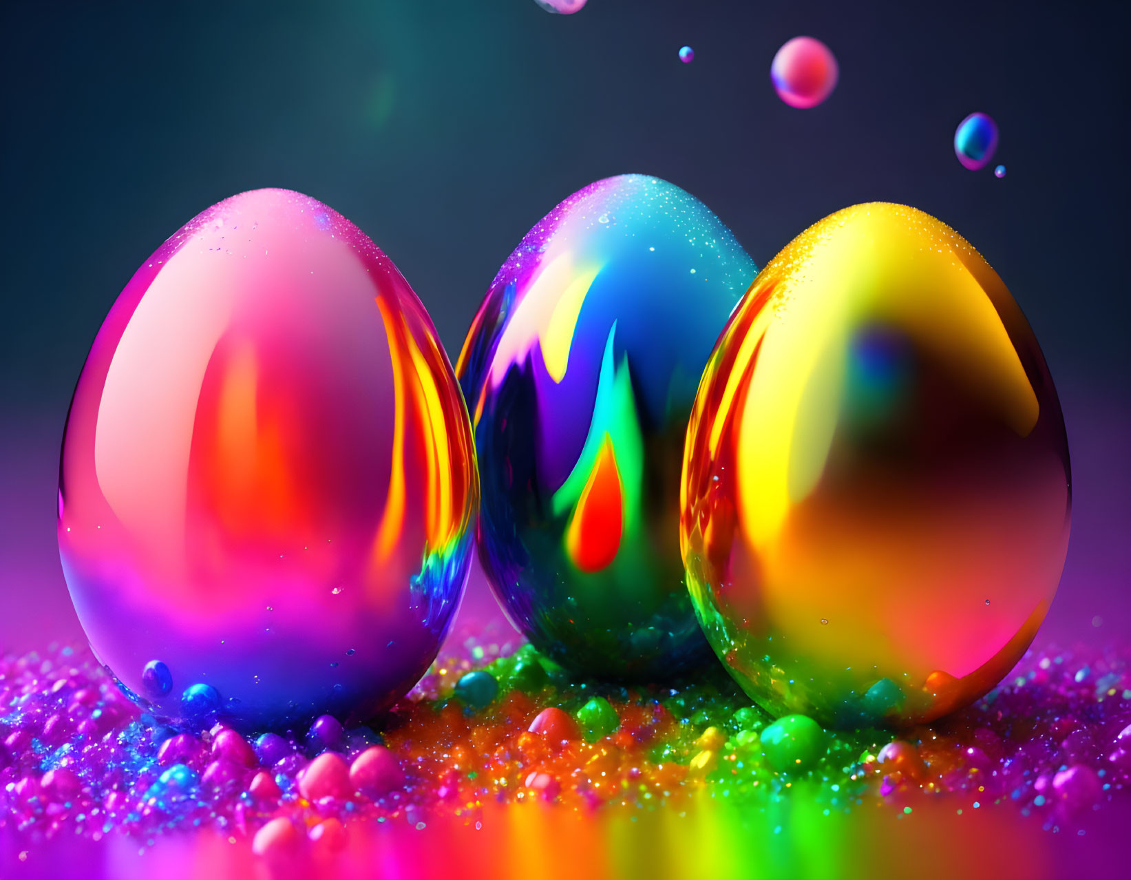 Vibrant Easter eggs on glittery background with floating liquid beads