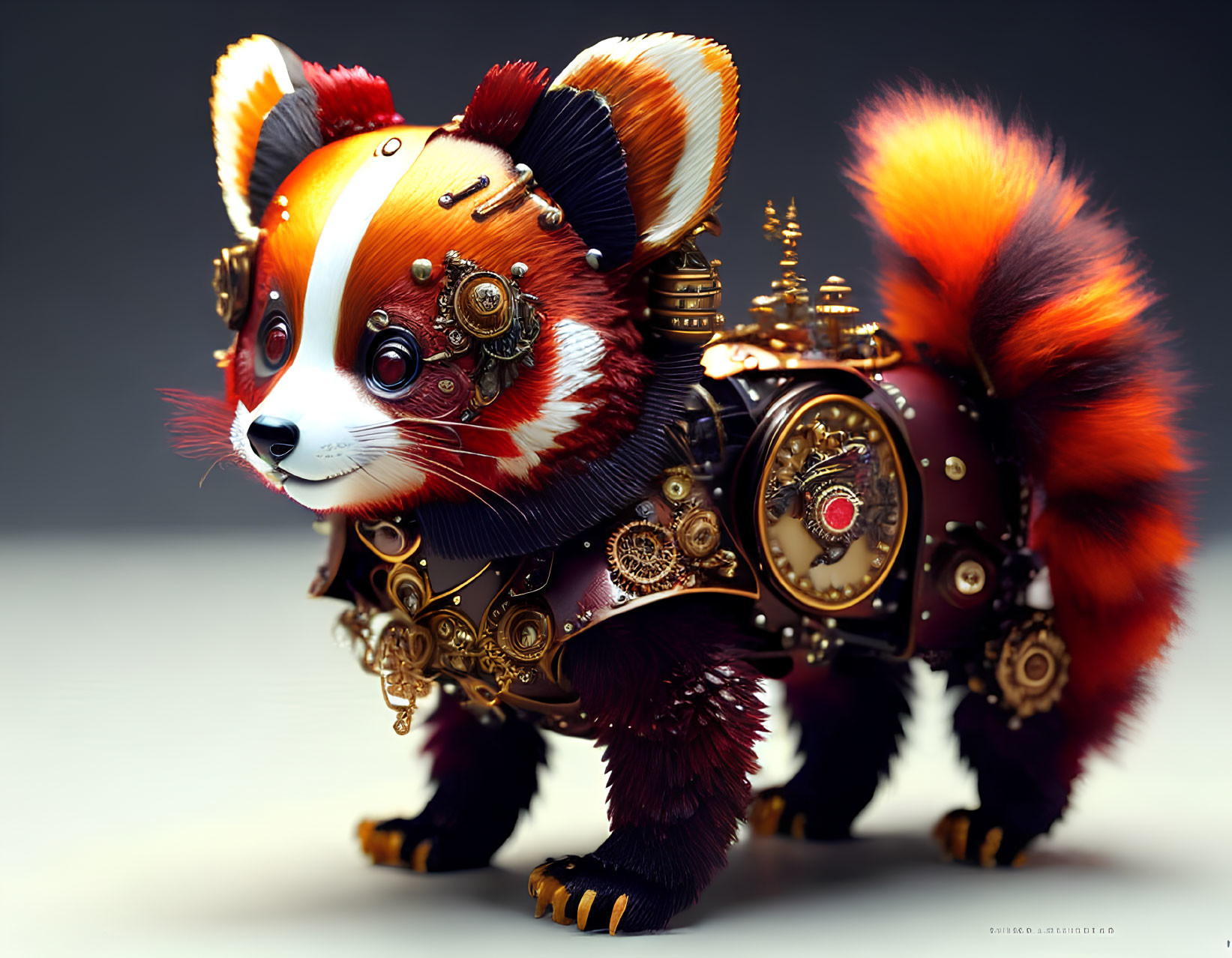 Steampunk Mechanical Red Panda with Gears and Brass Accents