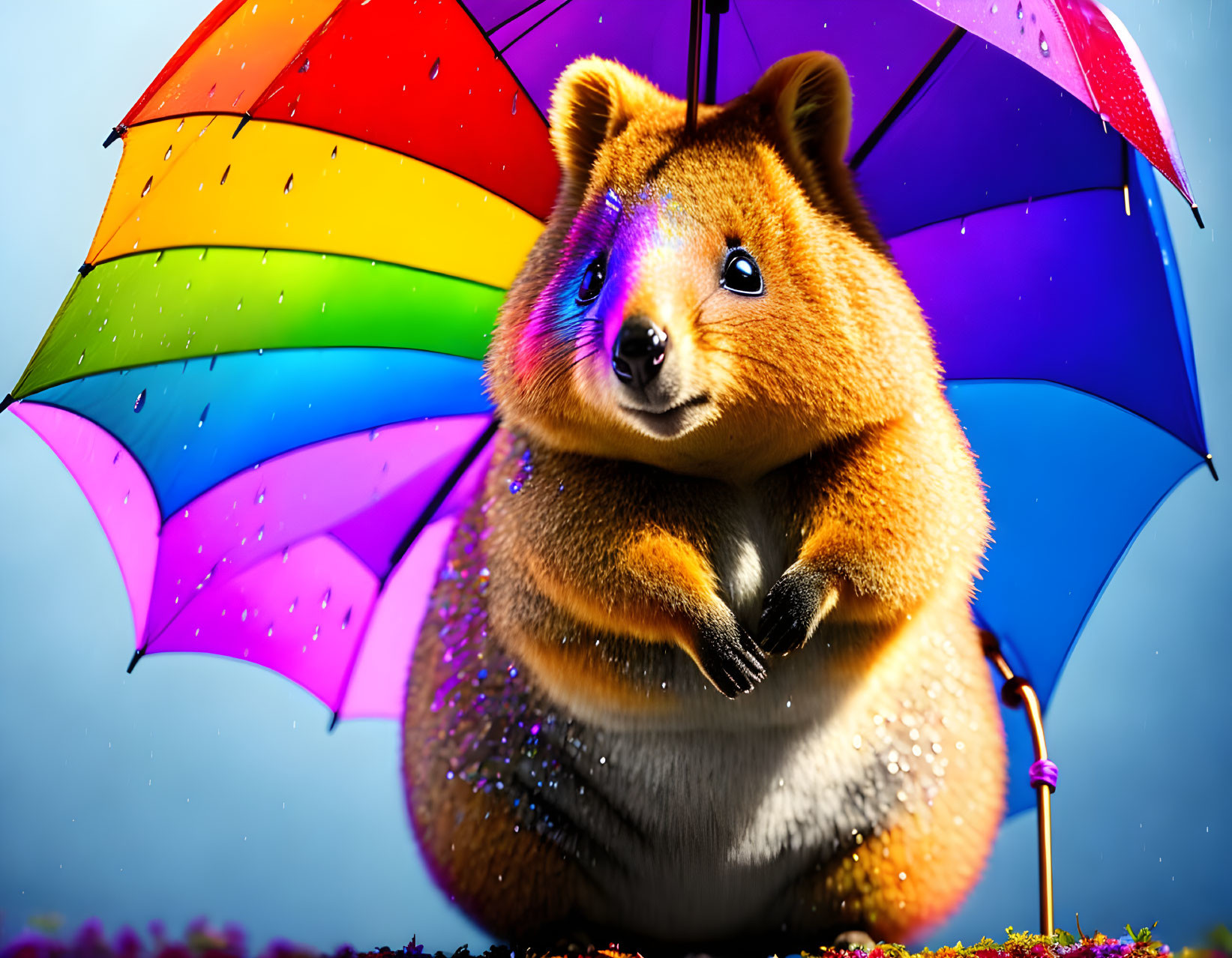 Chubby animated quokka with colorful umbrella in vibrant floral setting