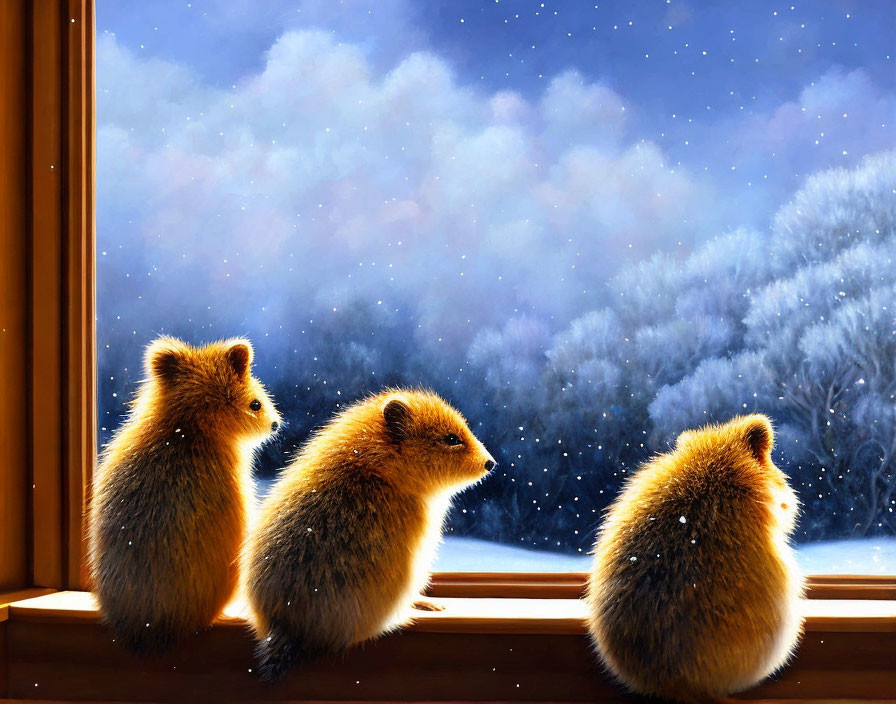 Three fluffy hamsters on windowsill under starry winter night.