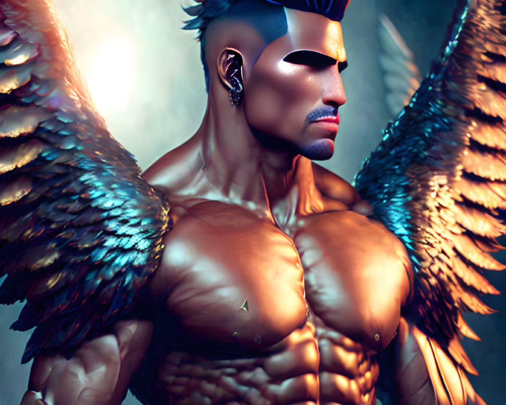 Muscular male figure with wings and blue stripe, featuring a unique beard