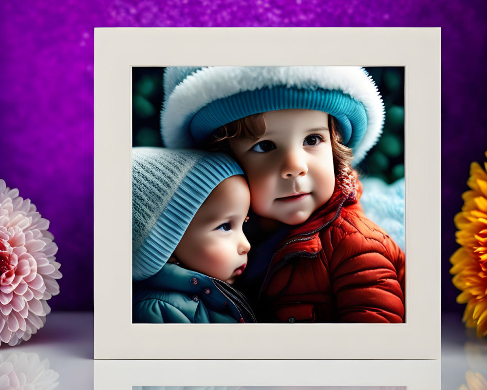 Children in hats and jackets with colorful flowers in blurred background.