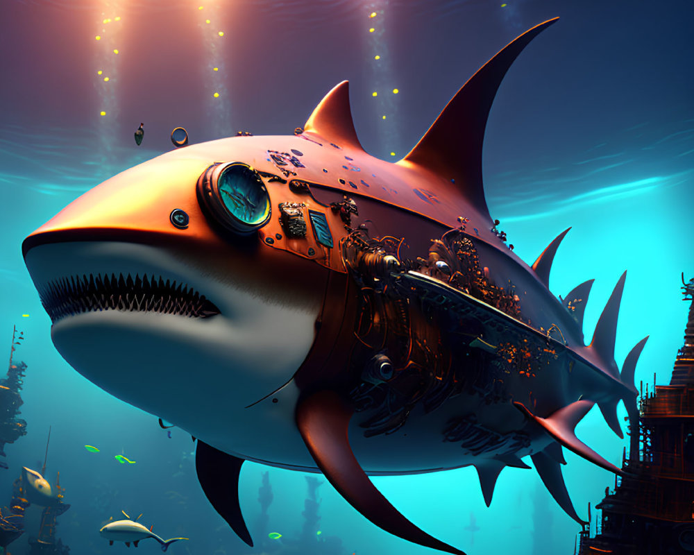 Detailed Mechanical Shark Swimming in Glowing Underwater Landscape