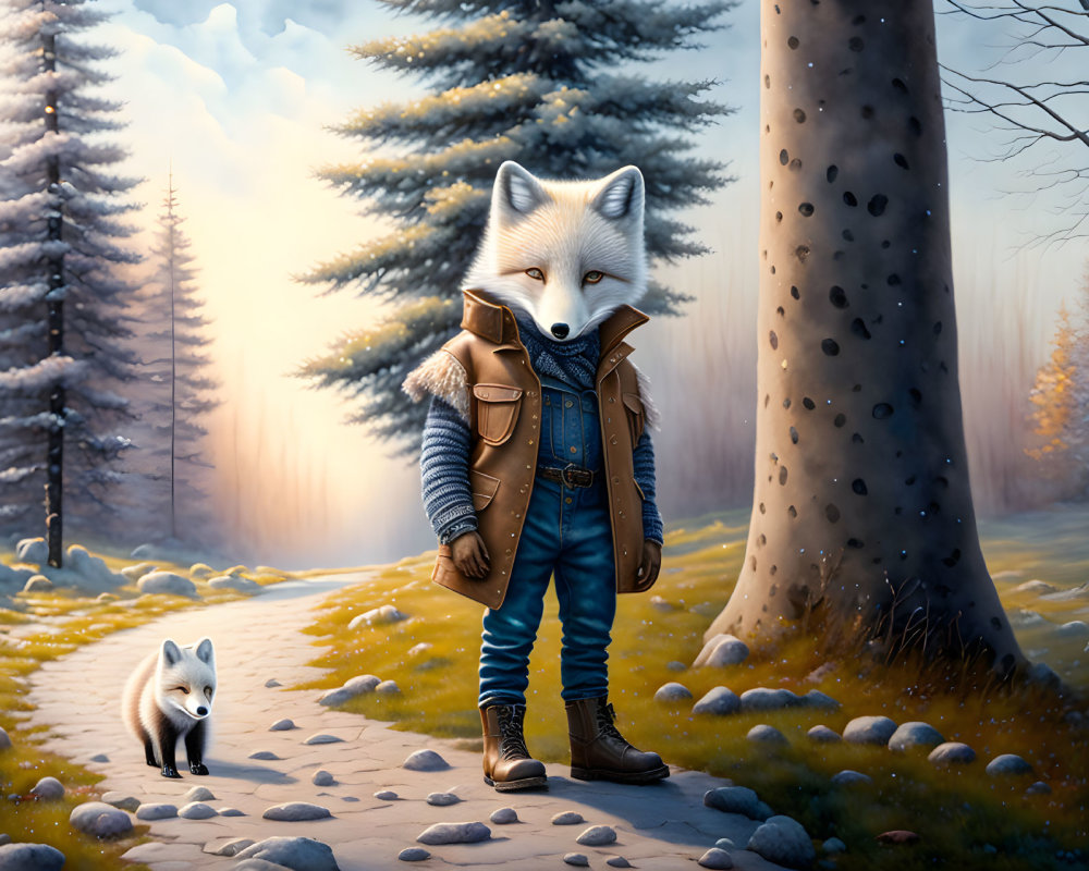 Anthropomorphic fox and small fox walking in forest at sunset