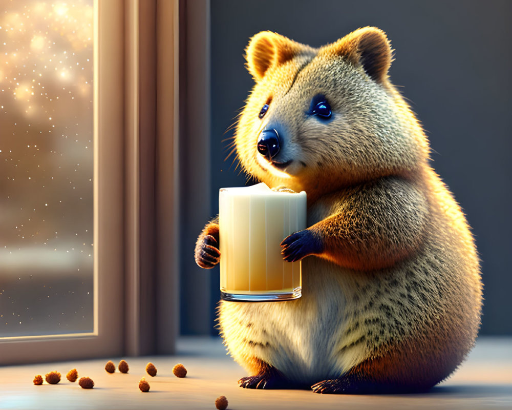 Animated quokka with glass of milk at twilight window sill