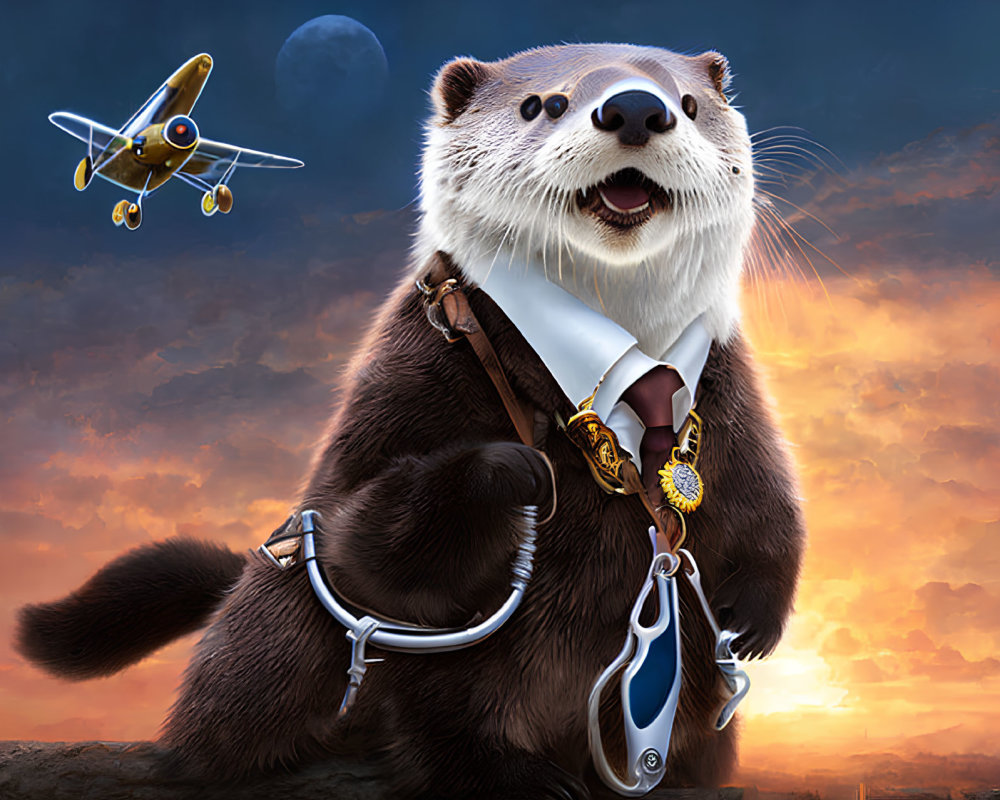 Anthropomorphic otter in suit and glasses with briefcase under sunset sky