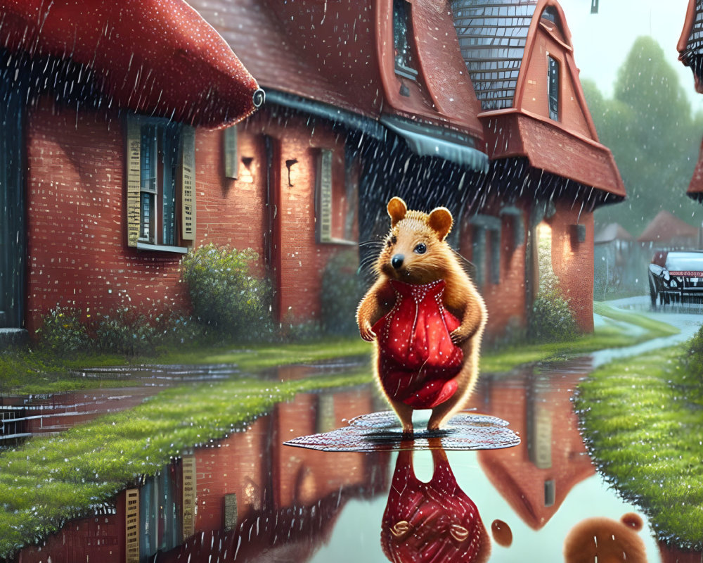 Anthropomorphic hedgehog in red raincoat by puddle with quaint rainy backdrop.