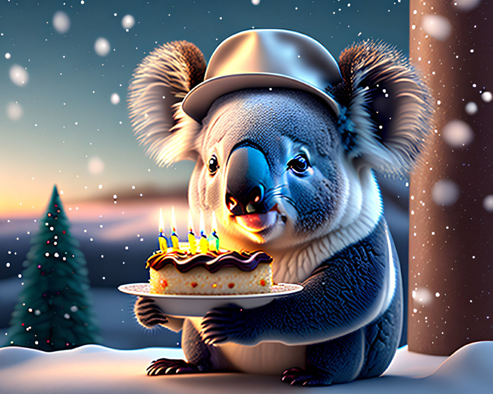 Stylized koala in bowler hat with birthday cake in snowy evening scene