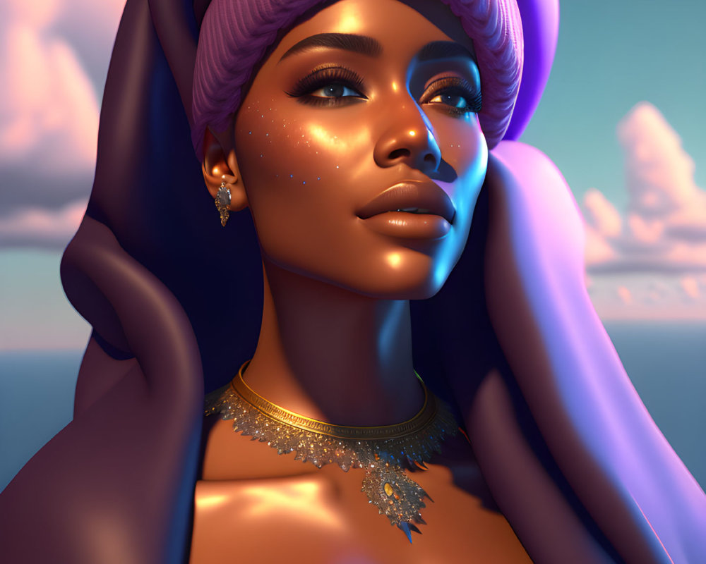 Woman in purple turban and golden jewelry gazes at sunset sky with clouds.