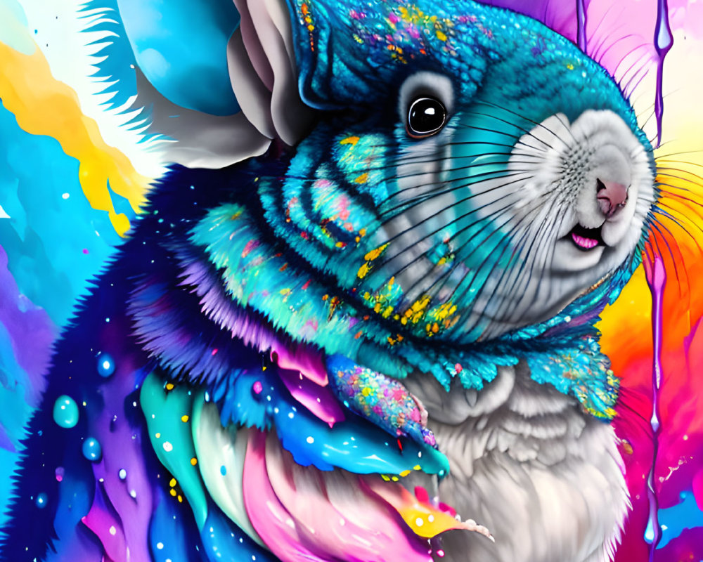 Colorful digital artwork featuring a chinchilla with vibrant paint drips.