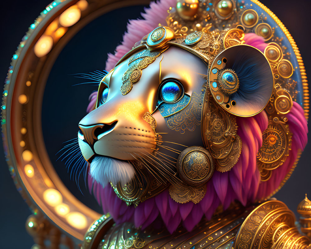 Steampunk-inspired lion digital artwork with golden mechanical details and blue gem eye