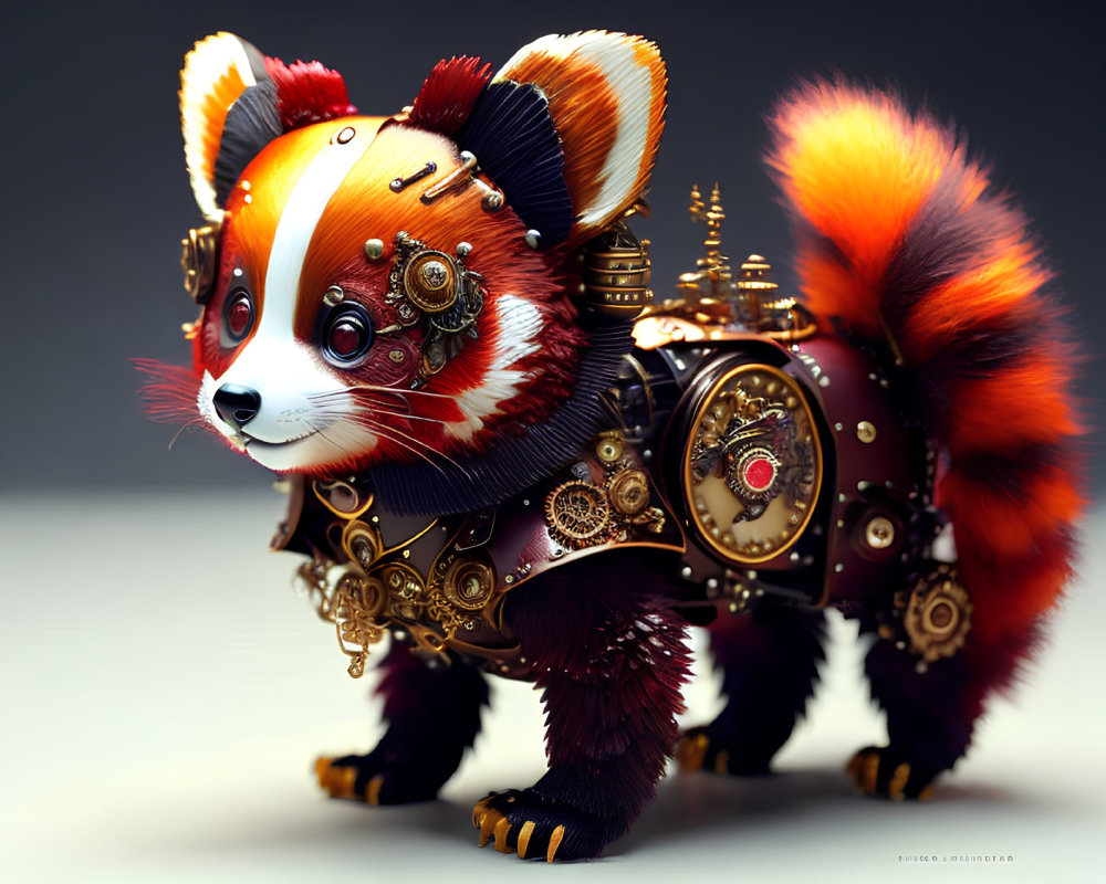 Steampunk Mechanical Red Panda with Gears and Brass Accents