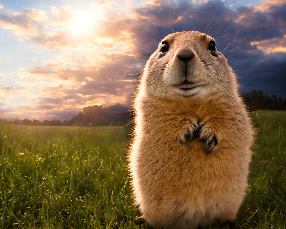 Plump Prairie Dog in Grass Field at Sunset