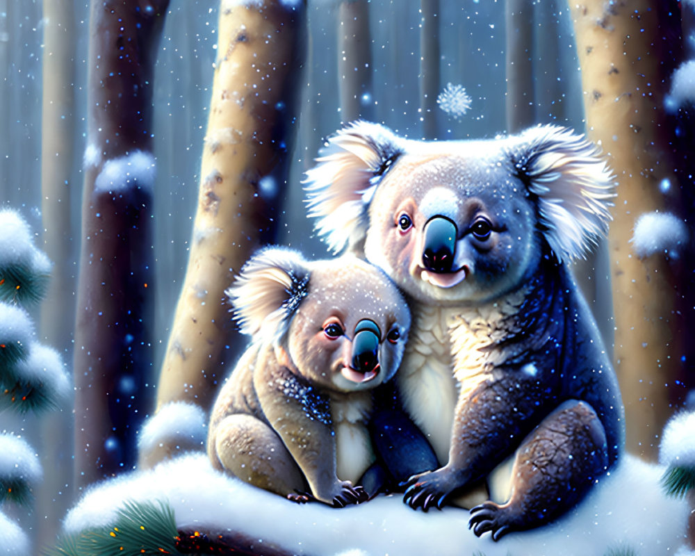 Two koalas cuddling in snowy forest with falling snowflakes.